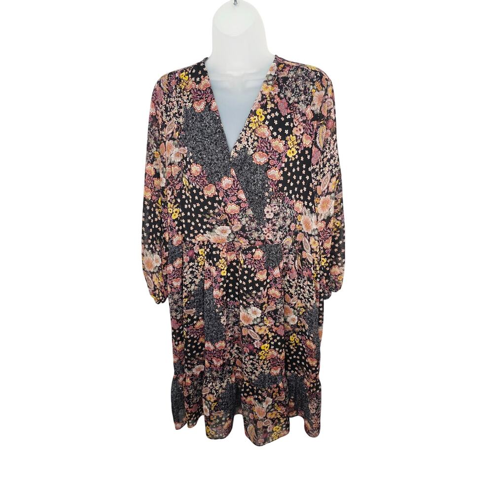 Floral Patchwork Midi Dress Womens Large Boho Sheer Sleeve Lined Cottagecore